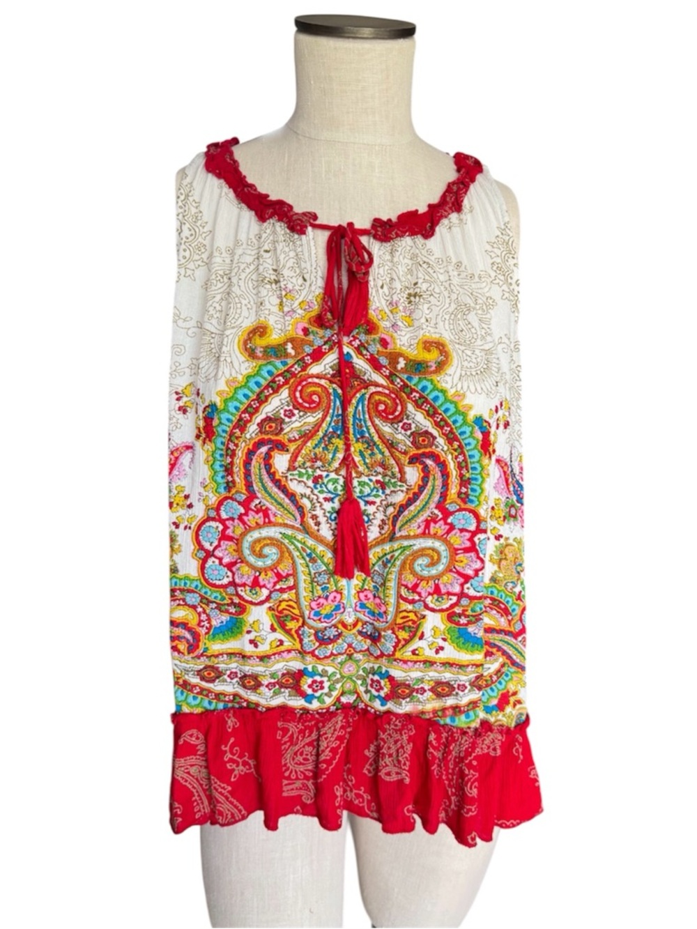 BILA Paisley Tasseled Red Flowy Tunic Tank Ruffled Hem Boho Sz S